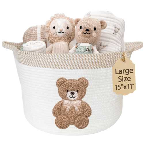 Teddy Bear Baby Basket for Nursery, Cotton Rope Storage Basket 15"x11", Gender Neutral Baby Shower Gift, Toy Basket, Woodland Decor