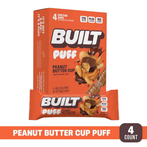 Built Puff Snack Bar, Peanut Butter Cup, 15g Protein, Collagen, 4 Count Box, 1.55oz