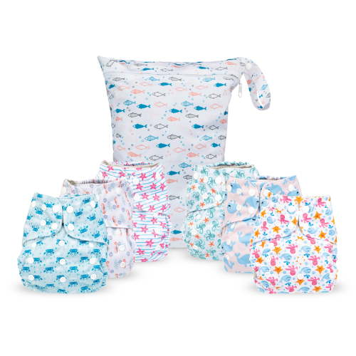 Simple Being All in One Baby Cloth Diapers Adjustable 6 Pack with Inserts and Wetbag (Ocean Animals)