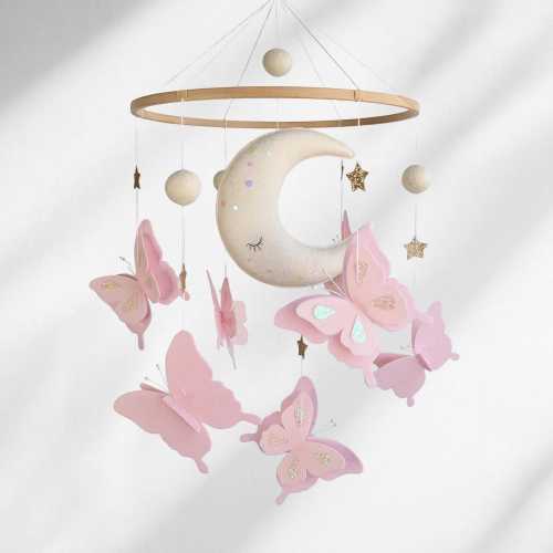 Cottage Baby Crib Mobile Butterflies and Moon - Pink Princess Nursery Decor