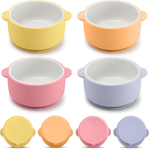 Domensi 4 Sets Kids Porcelain Bowls with Suction Sleeves Toddler Suction Bowl Upgrade Durable Microwave Dishwasher Safe Cereal Soup Snack Dishes for Baby Children Feeding Supplies (Bright Colors)