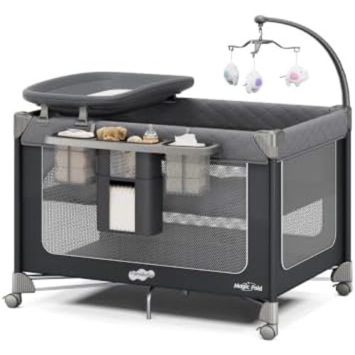 Pamo Babe Pack and Play with Bassinet Magic Fold Playard 1 Step Set Foldable Playpen Baby Playard with Changing Table Portable Playpen Grey