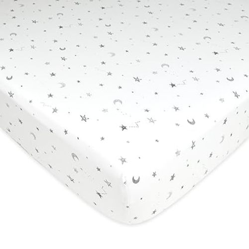 American Baby Company 100% Natural Cotton Fitted Crib Sheet 52" x 28" - Soft, Breathable, Hypoallergenic & Gentle Toddler Bed Sheet, Gray Stars and Moons, Neutral for Boys & Girls