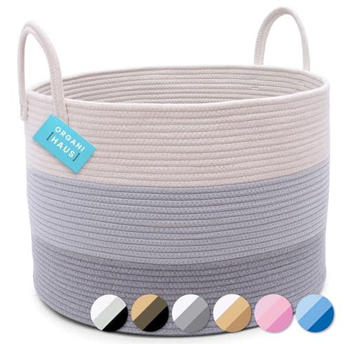 OrganiHaus Gray Extra Large Storage Basket for Blankets 20x13| Decorative Cute Laundry Hamper Basket for Clothes | Cotton Rope Basket for Blankets | Farmhouse Nursery Laundry Basket & Towel Hamper