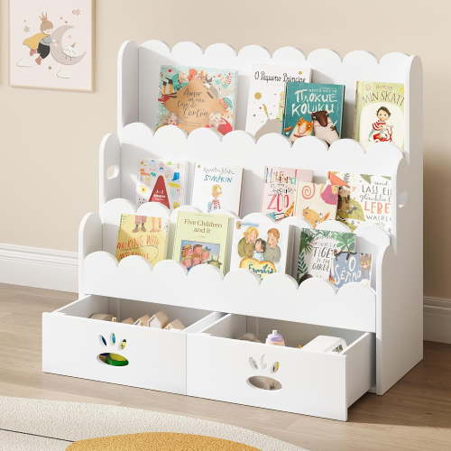 Kids Bookshelf with 2 Drawers, 3-Tier Bamboo Book Shelf for Kids Rooms, Toddler Bookshelf for Nursery, Montessori Bookcase for Baby, Scalloped Bookshelves for Classroom, Playroom, White