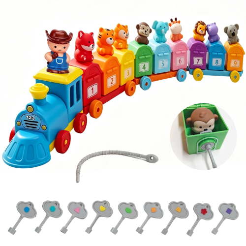 Biiend Montessori Farm Train Learning Toy for Toddlers 2-5, Color Sorting & Counting Game with Numbers, Keys & Locks, Farm Animals & Finger Puppets, Educational Birthday Gift