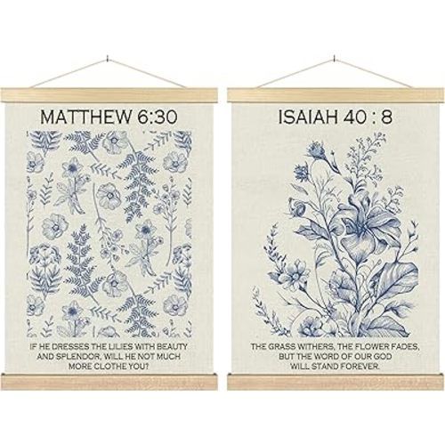 BCUANGD Christian Wall Decor - Wildflower Bible Verse Wall Art Poster Hanger with Wood Frames, Modern Scripture Blue Flowers Wall Hanging Canvas Decor for Home Bedroom Nursery, 12x16 Inches