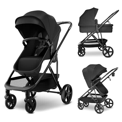 MAMA & BABY Rovee Bassinet Baby Stroller, 2-in-1 Foldable Infant Stroller with Reversible Seat, UPF 50+ Canopy, All-Terrain Wheels for On-The-Go Families
