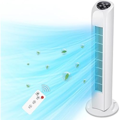 Uthfy Tower Fan for Bedroom, 120° Oscillating Standing Floor Bladeless Fans That Blow Cold Air with Remote, 3 Modes 3 Speeds, 7.5H Timer, for Indoor Living Room Office, 30 Inch, White