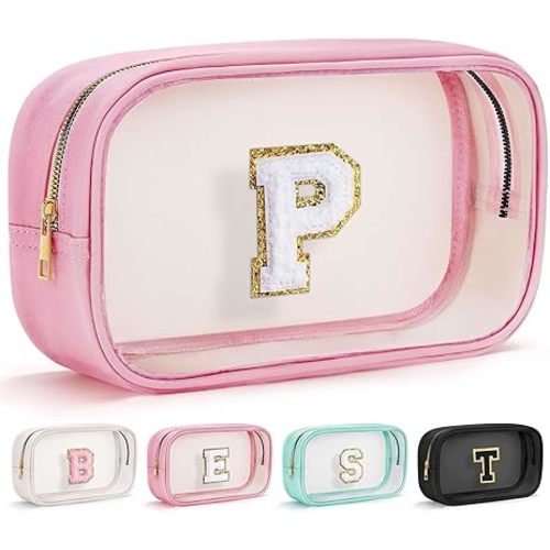 YOOLIFE Travel Toiletry Bag for Women, Pink Clear Makeup Bag Cute Make Up Bag for Women Cosmetic Bags Skin Care Makeup Bag Organizer Birthday Gifts for Women Teacher Mother Girlfriend Initial P