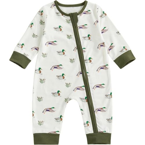 Seyurigaoka Baby Boy Western Long Sleeve Zipper Romper Fall Winter Clothes | Newborn Mallard Duck Footless Jumpsuit, Infant Highland Cow Outfits, Cowboy Clothes