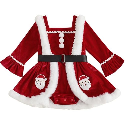 Bonangber Newborn Baby Girl Christmas Outfit Santa Long Sleeve Romper Dress Christmas Princess Dress Cute Winter Clothes