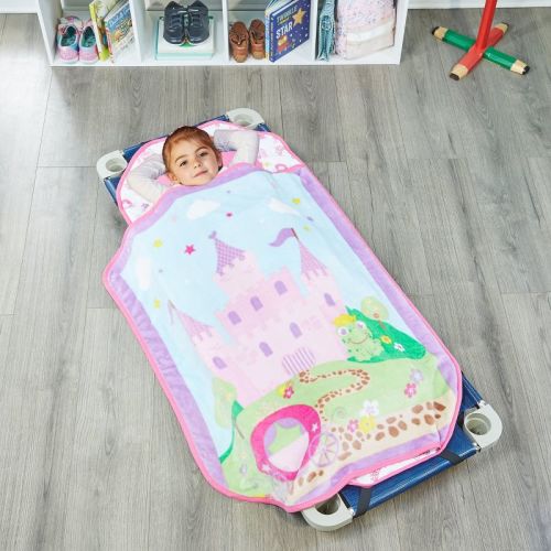 EVERYDAY KIDS Princess Toddler Cot Nap Mat for Home, Daycare, Preschool ; Easy to Roll Sleeping Mat with Elastic Straps, Pillow and Blanket