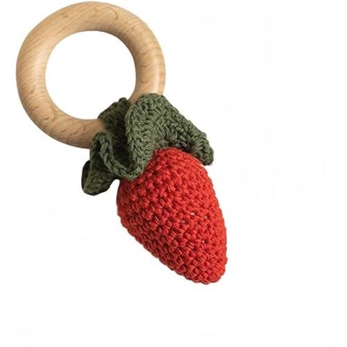 Wooden Baby Rattle Toys Stuffed Crochet Rattle with Teether Ring for Newborn Babies Fruit Wooden Teether Toy Infant Toddler Handcrafted Crochet Rattles Cute Shower Gifts for Boy and Girls