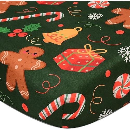 Christmas Crib Sheet, Fitted Crib Sheet with Christmas Bell, Cane, Gingerbread Man, Measuring 52'' x 28'' to fit Standard Crib & Toddler Mattresses, Green