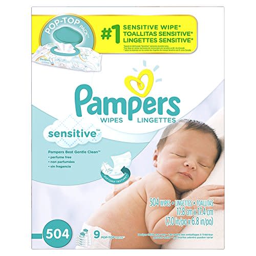 Pampers Sensitive Baby Wipes, Clinically Proven, Fragrance Free, Unscented, Water Based, Hypoallergenic, Multi-Use, Hand Wipes 504 Wipes Total (6X Flip-Top Packs) [Packaging May Vary]
