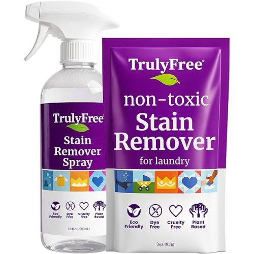 Truly Free Laundry Stain Remover Spray for Clothes - Removes Tough, Dried-In Stains on Whites & Colors -Natural Ingredients - Gentle Yet Powerful - Includes 3 oz Refill & Empty Refillable Bottle