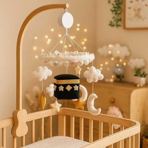 Handmade Kaaba Baby Crib Mobile – Felt Islamic Nursery Decor with Crescent Moon & Stars, Muslim Baby Shower Gift, Newborn Room