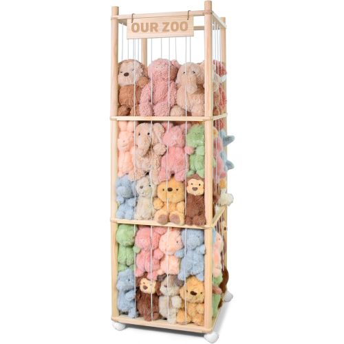 Stuffed Animal Storage, Wood Stuffed Animal Zoo Storage with Brake Wheels, Space Save Toy Organizer, Large Capacity Stuffed Animal Holder, Perfect for Nursery Playroom Kidroom Bedroom-54.3 Inch