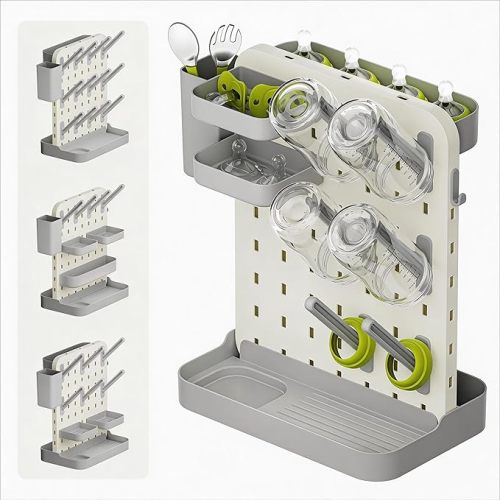 DIY Baby Bottle Drying Rack, Holds 12 Bottles, Space-Saving for Small Kitchen Counters, Modular Bottle Dryer with Removable Rods & Baskets, BPA-Free Countertop Organizer for Baby Feeding Essentials