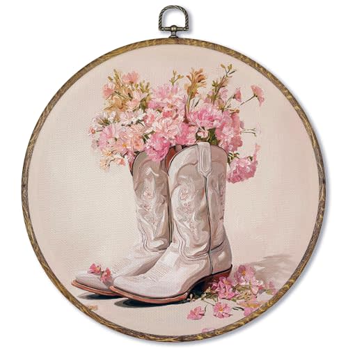Fewgb Preppy Western Cowgirl Boot Floral Round Wall Art Decor Framed for Teen Girl Dorm Room Bedroom, Vintage Trendy Flower Canvas Wall Art Prints Picture, Pink Girly Hanging Room Decor Artwork 10x10