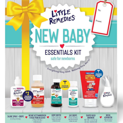 Little Remedies New Baby Essentials Kit with Saline Nasal Spray, Diaper Rash Cream, Gas Relief Drops, Gripe Water & More, Safe for Newborns