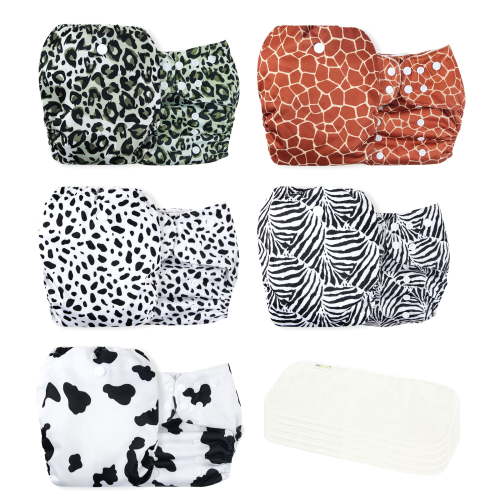 Wegreeco Washable Reusable Baby Cloth Pocket Diapers 5 Pack + 5 Rayon Made from Bamboo Inserts (Animal Party)