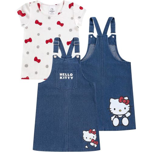 Hello Kitty Sanrio Girls Adjustable Jumper Denim Dress with Shirt Set for Toddler and Big Kids