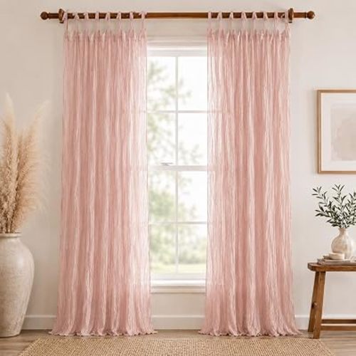 TARAN LIVING Cotton Sheer Crinkle Curtains 84" Long for Bedroom Living Room 42" Wide, Décor Window Treatment Rod Pocket 2 Panel Curtain Drapes for Home, Balcony - Salmon Pink