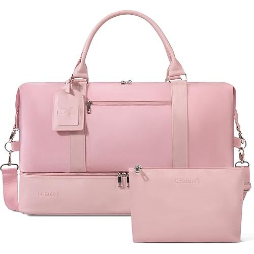 Oeihuivt Weekender Bags for Women - 21 Inch Large Travel Duffel Bag 2-Piece Set with Shoe Compartment, Heavy-Duty Canvas Leather Carry On Overnight Tote