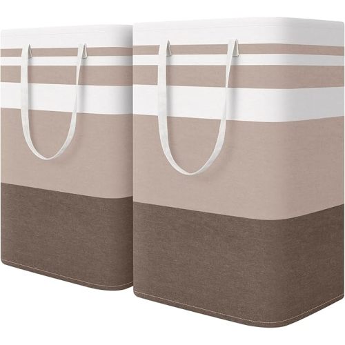 HomeHacks 2-Pack Large Laundry Basket, Waterproof, Freestanding Laundry Hamper, Collapsible Tall Clothes Hamper with Extended Handles for Clothes Toys in the Dorm and Family (Brown, 75L)