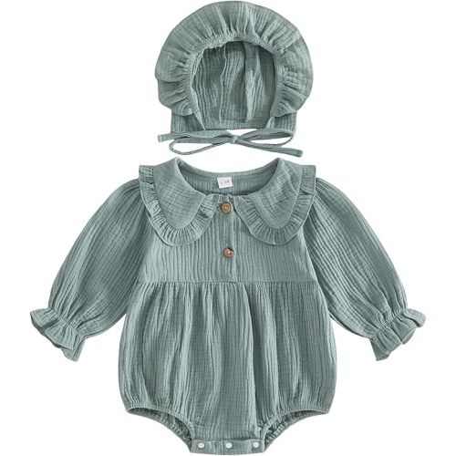 Newborn Coming Home Outfit Baby Girl Muslin Romper Bodysuit with Hat