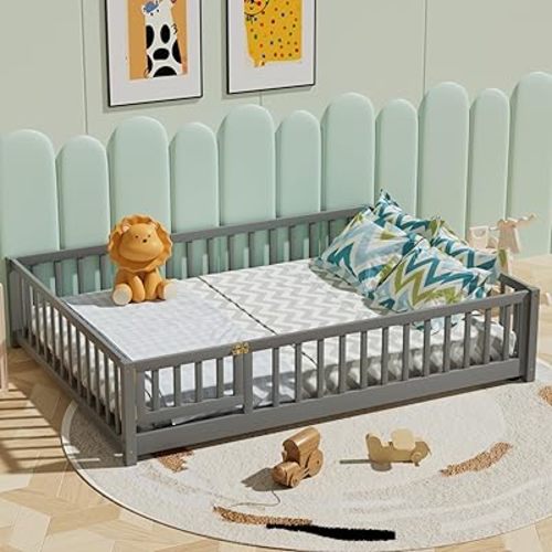 i-POOK Full Floor Bed for Children, Sturdy Wood Montessori Bed Frame with Wood Slats, Fence & Door for Girls and Boys, Gray (with Bed Slats)