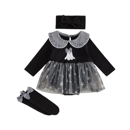 BeQeuewll Baby Girl Halloween Outfit Infant Romper Dress+Headband+Socks Set | Baby Halloween romper with Tutu, Ghost Pumpkin Print,Newborn Girl First Halloween Outfit