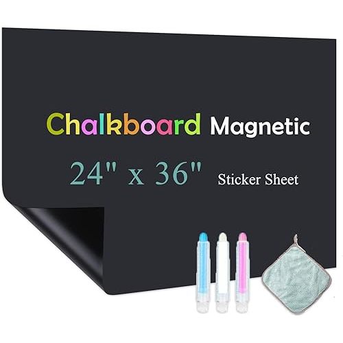 Chalk Board Contact Paper with Adhesive, 24" x 36" Magnetic Chalkboards for Wall, Wallpaper Sheets for Office for School and Kids, Includes Liquid Chalks Markers and Dishcloth and Magnet