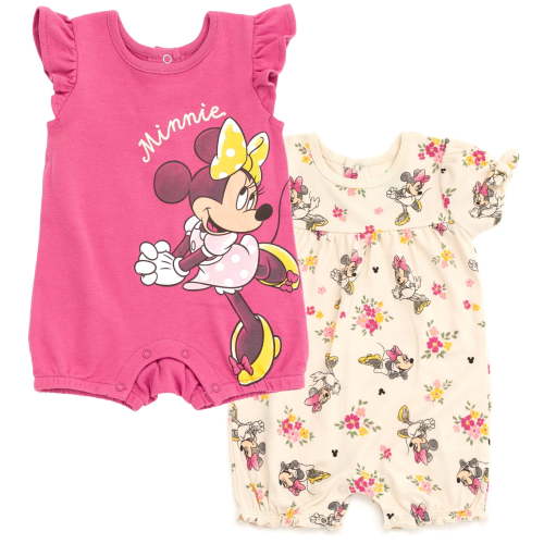 Disney Minnie Mouse Baby Girls' 2-Pack Short Sleeve and Sleeveless Bubble Romper Set Pink and Ivory Minnie Mouse