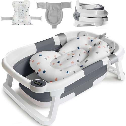 Foldable Baby Bathtub with Temp Sensor & Soft Bath Pad – BabyCozy