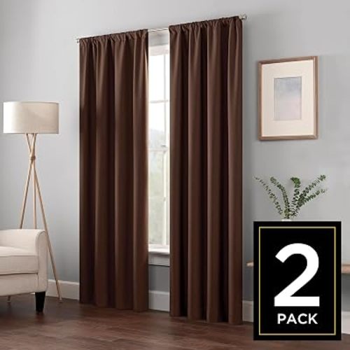 Eclipse Kendall Modern Thermaback Blackout Window Curtains, Rod Pocket, Insulating and Noise Reducing Window Curtains, 84 Inch Long x 42 Inch Wide, Curtain Panel Set, 2 Pack, Chocolate Brown