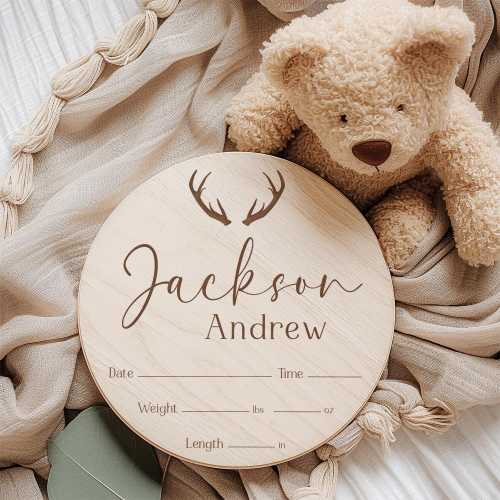 Antler Baby Boy Birth Announcement Sign: Engraved Wood Stats