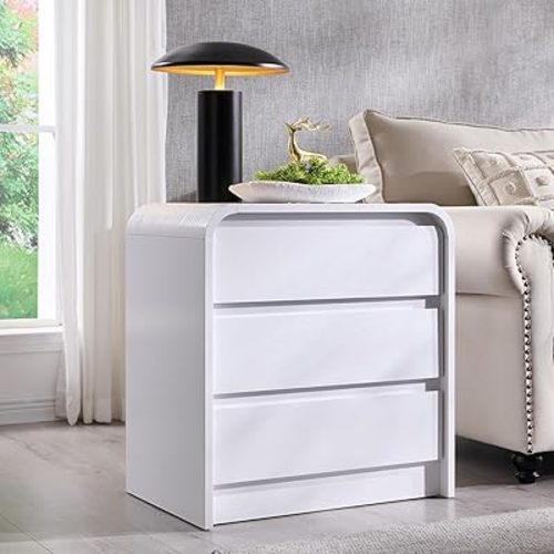 Aitjunz 25" Tall Modern Nightstand with Charging Station, 23.6'' Wide Wood Bedside Table w/3 Storage Drawers, Small Dresser w/Curved Profile Design, End Table for Bedroom, White