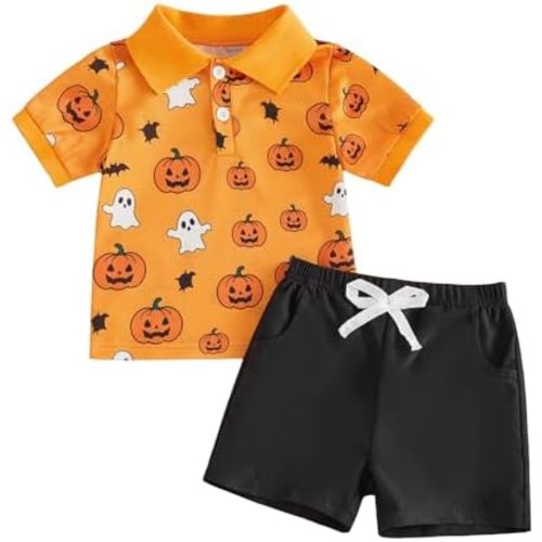 Bagilaanoe Toddler Baby Boy Halloween Outfit Pumpkin Clothes Button Up Short Sleeve T-Shirt Top+ Solid Shorts Set