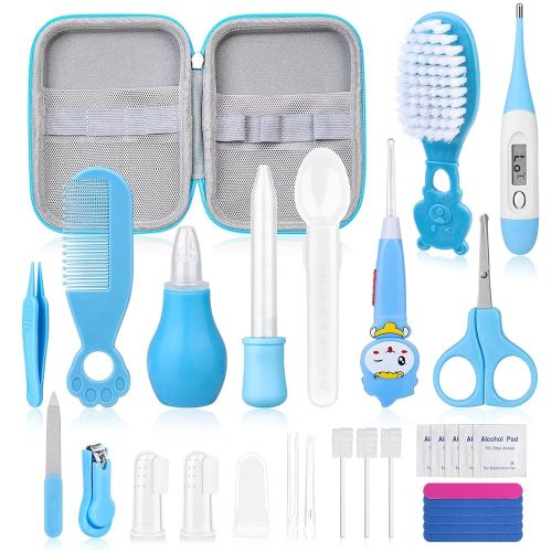 28Pcs Baby Healthcare and Grooming Kit modacraft Baby Safety Set with Hair Brush Lighting Ear Cleaner Nail Clippers Scale Measuring Spoon for Nursery Newborn Baby Girls Boys Kids Blue