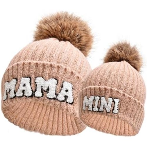 2PCS Parent-Child Beanie Hat Mama and MINI Embroidery Knitted Hat Winter Warm Cuffed Ski Cap with Pom Pom
