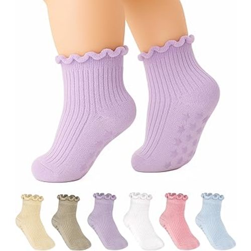 COOLMATE GLOBAL 6 Pairs Toddler Ruffle Socks for Girls Baby Grip Socks Non Slip Cute Grippy Frilly