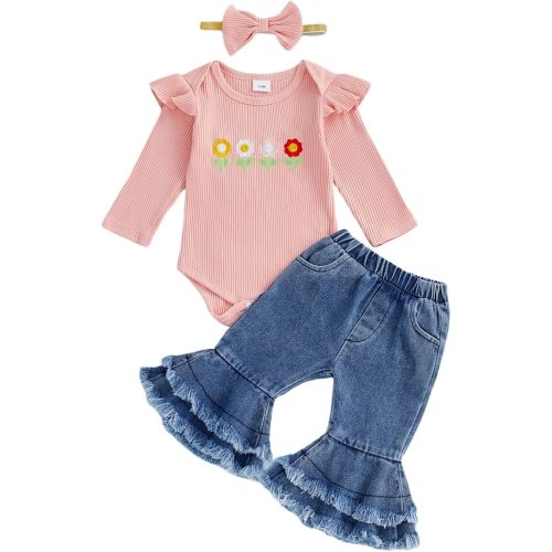 fhutpw Newborn Baby Girl Outfits Rib Knit Romper Jeans Flare Pants Headband Infant Fall Winter Clothes 0 3 6 9 12 18 Months