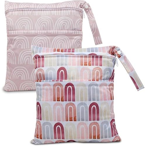 2pcs Cloth Diaper Wet Dry Bags Waterproof Reusable with Two Zippered Pockets Travel Beach Pool Daycare Soiled Baby Items Yoga Gym Bag for Swimsuits or Wet Clothes-Pink Rainbows