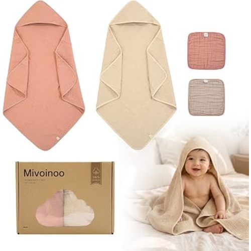Hooded Baby Towels, 4 Pack, 32 x 32 in, 100% Cotton Muslin