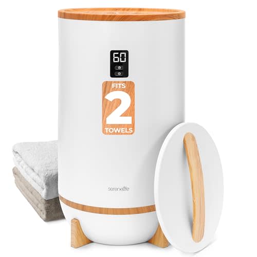 SereneLife Towel and Blanket Warmer - Single Touch Portable Towel Heater for Bathroom, Fragrant Disc Holder, LED Ring, 2 Large Towel Capacity, Built-in Timer (15-60 mins), Auto Shut-Off (White)