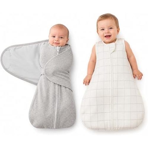 Baby Swaddle Sleep Sack Set (2-Pack), Adjustable Zipper Newborn Swaddle + Wearable Sleep Sack, 100% Cotton, Soft Breathable Newborn to 9 Months Baby Transition Sleep Set