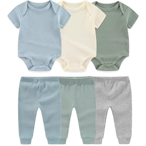 Baby Bodysuit and Pant Set 6-pcs Ribbed Soft Infant Boy Girl Clothes Outfits